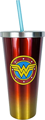 Spoontiques DCStainlessCup Steel Cup with Straw, 24 Oz, Wonder Woman