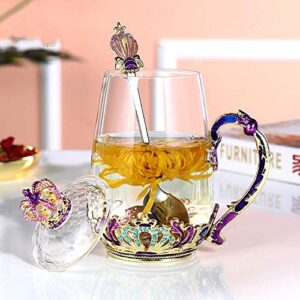 youeon 12 oz enamel glass tea cup with lid and spoon, fancy tea cup with crown, clear glass cup with gift box, handmade glass coffee mug for women, girls, birthday, mother's day, valentines day