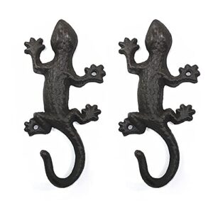 2 pack decorative gecko metal heavy duty hooks for wall, black cast iron lizard tail decor rustic key holders rack, cool wall mounted unique design retro coat aprons hats towels hangers set of 2