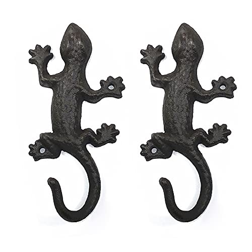 2 Pack Decorative Gecko Metal Heavy Duty Hooks for Wall, Black Cast Iron Lizard Tail Decor Rustic Key Holders Rack, Cool Wall Mounted Unique Design Retro Coat Aprons Hats Towels Hangers Set of 2