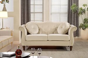 us pride furniture anna collection modern chesterfield velvet upholstered sofa for living room with elegant rolled arms, solid wood frame & accent throw pillows, loveseat, beige