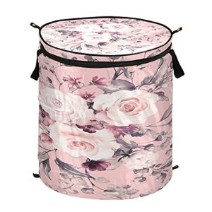 xigua blooming pink flower popup laundry hamper, foldable portable dirty clothes basket with zipper lid, dirty clothes hamper for bedroom, kids room, dormitory