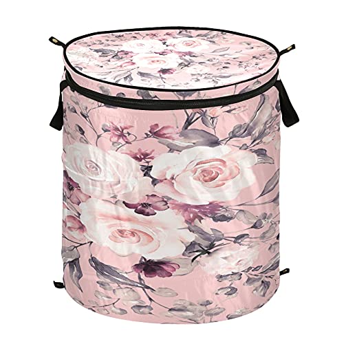 xigua Blooming Pink Flower Popup Laundry Hamper, Foldable Portable Dirty Clothes Basket with Zipper Lid, Dirty Clothes Hamper for Bedroom, Kids Room, Dormitory