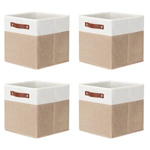 dullemelo 11 inch cube storage bins,fabric storage cubes for organizing,collapsible foldable linen canvas closet storage bins for shelves closet bedroom toys home office(white&khaki)