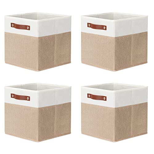 DULLEMELO 11 inch Cube Storage Bins,Fabric Storage Cubes for Organizing,Collapsible Foldable Linen Canvas Closet Storage Bins for Shelves Closet Bedroom Toys Home Office(White&Khaki)