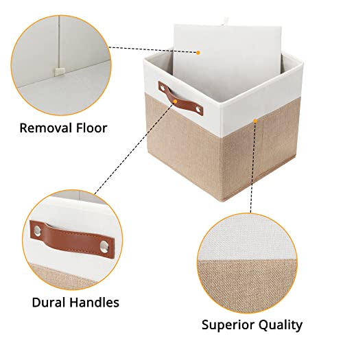 DULLEMELO 11 inch Cube Storage Bins,Fabric Storage Cubes for Organizing,Collapsible Foldable Linen Canvas Closet Storage Bins for Shelves Closet Bedroom Toys Home Office(White&Khaki)