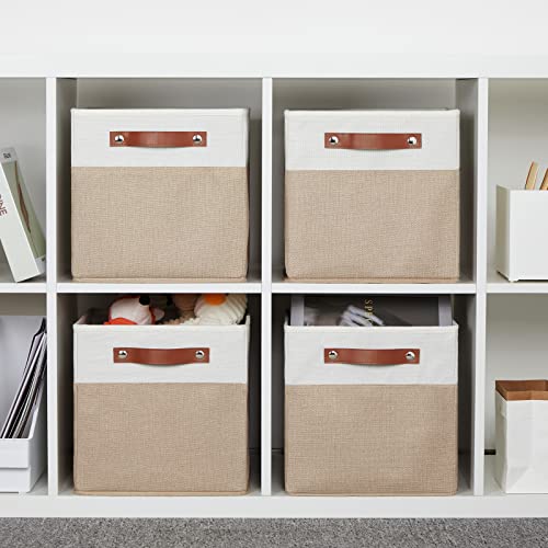 DULLEMELO 11 inch Cube Storage Bins,Fabric Storage Cubes for Organizing,Collapsible Foldable Linen Canvas Closet Storage Bins for Shelves Closet Bedroom Toys Home Office(White&Khaki)