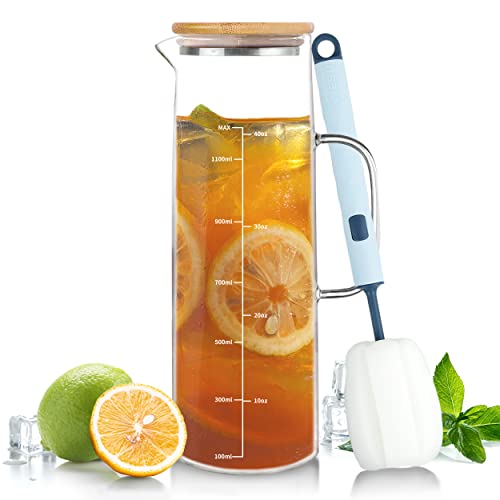 ZRRHOO Glass Pitcher with Bamboo Lid and Spout, 52oz/1500ml Clear Water Pitcher with Scale Line and Brush, Heat Resistant Carafe for Iced Tea, Cold Brew, Juice, Sangria, Lemonade, and More