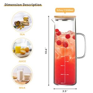 ZRRHOO Glass Pitcher with Bamboo Lid and Spout, 52oz/1500ml Clear Water Pitcher with Scale Line and Brush, Heat Resistant Carafe for Iced Tea, Cold Brew, Juice, Sangria, Lemonade, and More