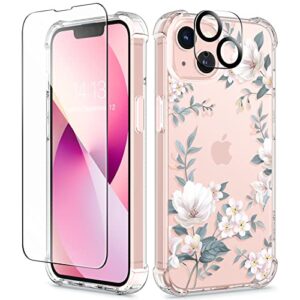 gviewin designed for iphone 13 case 6.1 inch, with tempered glass screen protector + camera lens protector clear flower soft & flexible shockproof floral women phone cover（magnolia/white）