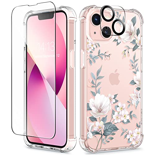 GVIEWIN Designed for iPhone 13 Case 6.1 Inch, with Tempered Glass Screen Protector + Camera Lens Protector Clear Flower Soft & Flexible Shockproof Floral Women Phone Cover（Magnolia/White）