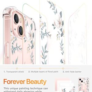 GVIEWIN Designed for iPhone 13 Case 6.1 Inch, with Tempered Glass Screen Protector + Camera Lens Protector Clear Flower Soft & Flexible Shockproof Floral Women Phone Cover（Magnolia/White）