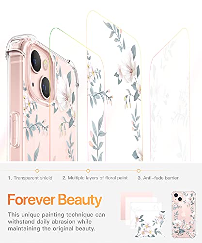 GVIEWIN Designed for iPhone 13 Case 6.1 Inch, with Tempered Glass Screen Protector + Camera Lens Protector Clear Flower Soft & Flexible Shockproof Floral Women Phone Cover（Magnolia/White）