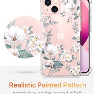 GVIEWIN Designed for iPhone 13 Case 6.1 Inch, with Tempered Glass Screen Protector + Camera Lens Protector Clear Flower Soft & Flexible Shockproof Floral Women Phone Cover（Magnolia/White）