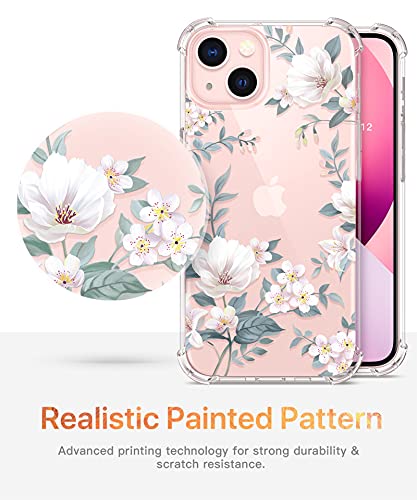 GVIEWIN Designed for iPhone 13 Case 6.1 Inch, with Tempered Glass Screen Protector + Camera Lens Protector Clear Flower Soft & Flexible Shockproof Floral Women Phone Cover（Magnolia/White）