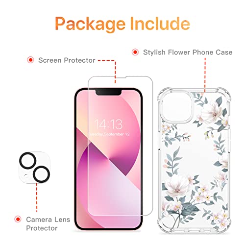 GVIEWIN Designed for iPhone 13 Case 6.1 Inch, with Tempered Glass Screen Protector + Camera Lens Protector Clear Flower Soft & Flexible Shockproof Floral Women Phone Cover（Magnolia/White）