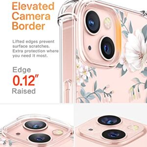 GVIEWIN Designed for iPhone 13 Case 6.1 Inch, with Tempered Glass Screen Protector + Camera Lens Protector Clear Flower Soft & Flexible Shockproof Floral Women Phone Cover（Magnolia/White）