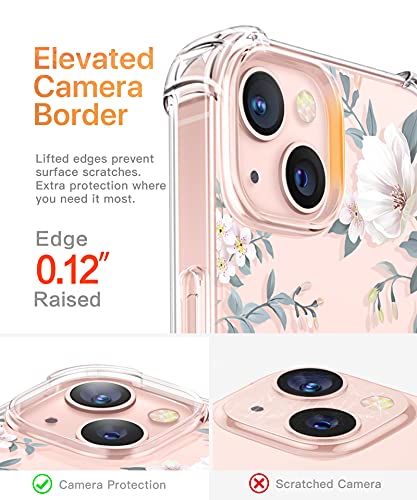 GVIEWIN Designed for iPhone 13 Case 6.1 Inch, with Tempered Glass Screen Protector + Camera Lens Protector Clear Flower Soft & Flexible Shockproof Floral Women Phone Cover（Magnolia/White）