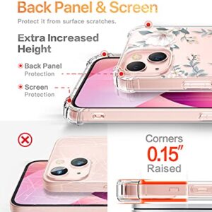 GVIEWIN Designed for iPhone 13 Case 6.1 Inch, with Tempered Glass Screen Protector + Camera Lens Protector Clear Flower Soft & Flexible Shockproof Floral Women Phone Cover（Magnolia/White）