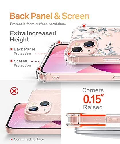 GVIEWIN Designed for iPhone 13 Case 6.1 Inch, with Tempered Glass Screen Protector + Camera Lens Protector Clear Flower Soft & Flexible Shockproof Floral Women Phone Cover（Magnolia/White）