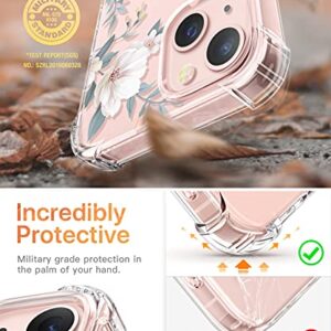 GVIEWIN Designed for iPhone 13 Case 6.1 Inch, with Tempered Glass Screen Protector + Camera Lens Protector Clear Flower Soft & Flexible Shockproof Floral Women Phone Cover（Magnolia/White）