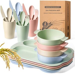 24 pcs wheat straw dinnerware cutlery set including kids toddlers divided plates microwave dishwasher safe bowl unbreakable tableware straw cutlery spoon knife fork cup (beige/pink/green/blue)