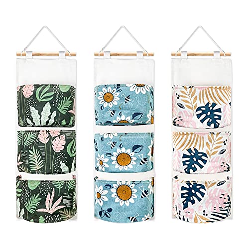 DILIBRA 3 Pack Wall Hanging Storage Bag, Tropical Over the Door Closet Hanging Organizer with 3 Pockets, Waterproof Linen Fabric Hanging Pocket for Dorm Living Room Home Decor(Banana+Leaf+Flower)