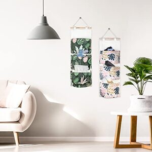 DILIBRA 3 Pack Wall Hanging Storage Bag, Tropical Over the Door Closet Hanging Organizer with 3 Pockets, Waterproof Linen Fabric Hanging Pocket for Dorm Living Room Home Decor(Banana+Leaf+Flower)