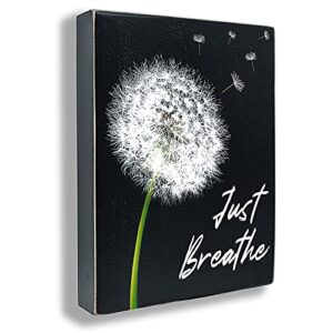 Maoerzai Just Breathe Wall Art Dandelion Sign, Wooden Box Sign Office Desk Decor, Rustic Farmhouse Home Decor for Bathroom Living Room Kitchen Sign. (6 X 8 X 1.2 inch, Black - Dandelion-3)