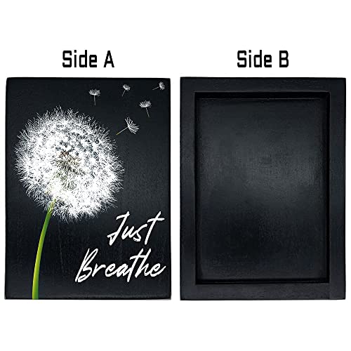 Maoerzai Just Breathe Wall Art Dandelion Sign, Wooden Box Sign Office Desk Decor, Rustic Farmhouse Home Decor for Bathroom Living Room Kitchen Sign. (6 X 8 X 1.2 inch, Black - Dandelion-3)