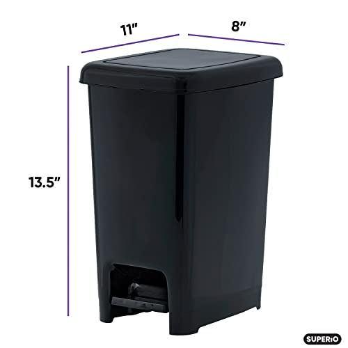 Superio 2.5 Gal Slim Step On Pedal Plastic Trash Can, 2 Pack Waste Bin for Under Desk, Office, Bedroom, Bathroom- 10 Qt, Black