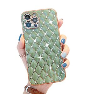 bogut compatible with iphone 12 pro max case for women girls, glittering luxury gold line design, lattice pattern with diamond plating, shockproof soft silicone cover (6.7")-green