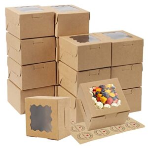 oamceg 100 pcs bakery boxes with window and stickers 4x4x3 inch individual cupcake boxes pastry boxes cookie boxes small cake boxes carrier holders containers for packaging, mini dessert boxes