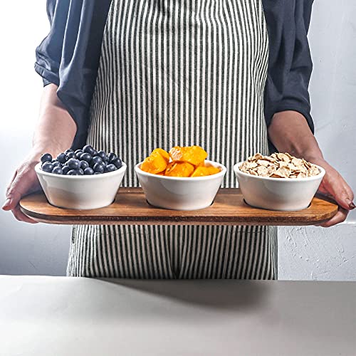 Artena 10oz Ultra-fine Porcelain Chips and dip Serving Platter with Acacia Wooden Tray, 4.75inch White Dipping Bowls,Small Serving Bowls for Condiments, Side Dishes, Pre, Dessert, Salsa, Entertaining