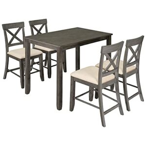 winwee 5-piece wooden counter height dining table set with padded chairs rectangle dining table with 4 padded chairs, grey