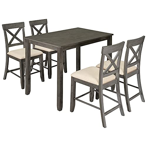 Winwee 5-Piece Wooden Counter Height Dining Table Set with Padded Chairs Rectangle Dining Table with 4 Padded Chairs, Grey