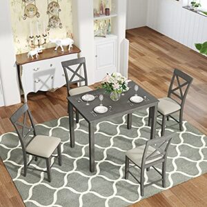 Winwee 5-Piece Wooden Counter Height Dining Table Set with Padded Chairs Rectangle Dining Table with 4 Padded Chairs, Grey