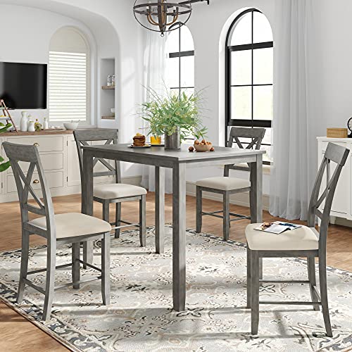 Winwee 5-Piece Wooden Counter Height Dining Table Set with Padded Chairs Rectangle Dining Table with 4 Padded Chairs, Grey