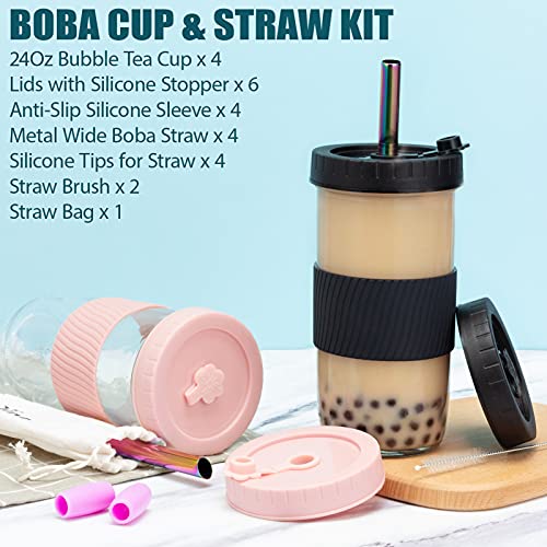 Reusable Boba Cup Glass Bubble Tea Cup 4 Pack, 24Oz Wide Mouth Smoothie Cups with Lids Straw & Silicone Sleeve, Leakproof Mason Jar Drinking Water Bottle Travel Tumbler for Large Pearl Valentine Gifts