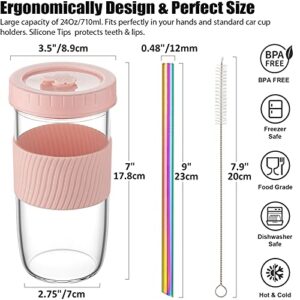 Reusable Boba Cup Glass Bubble Tea Cup 4 Pack, 24Oz Wide Mouth Smoothie Cups with Lids Straw & Silicone Sleeve, Leakproof Mason Jar Drinking Water Bottle Travel Tumbler for Large Pearl Valentine Gifts