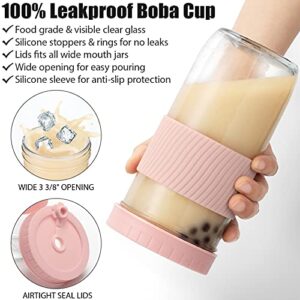 Reusable Boba Cup Glass Bubble Tea Cup 4 Pack, 24Oz Wide Mouth Smoothie Cups with Lids Straw & Silicone Sleeve, Leakproof Mason Jar Drinking Water Bottle Travel Tumbler for Large Pearl Valentine Gifts