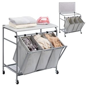 alimorden laundry sorter cart heavy duty 3 bags classic rolling side pull laundry hamper sorter with ironing board and 4 wheels grey