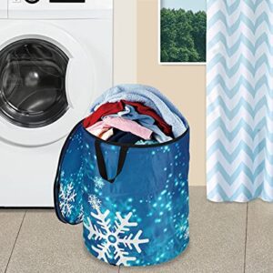 DOMIKING Winter Snowflakes Christmas New Year Popup Laundry Hamper with Handles Collapsible Laundry Basket Portable Storage Organizer for Kids Rooms College Dorms Travel