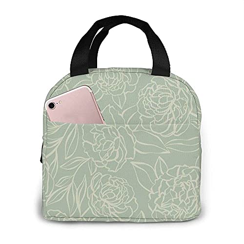 Insulated Lunch Bag Peony Garden Sage Green Tote Bag For Office Work School Beach Party Boating Fishing Picnic