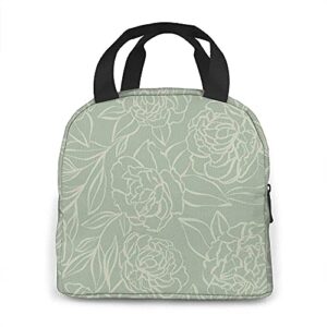Insulated Lunch Bag Peony Garden Sage Green Tote Bag For Office Work School Beach Party Boating Fishing Picnic