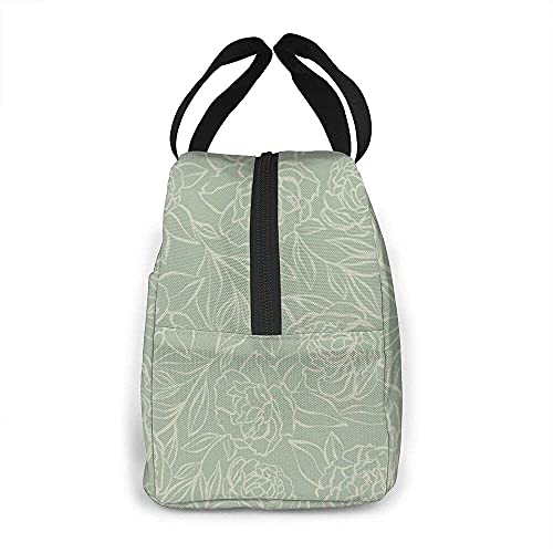 Insulated Lunch Bag Peony Garden Sage Green Tote Bag For Office Work School Beach Party Boating Fishing Picnic