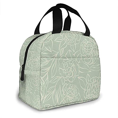 Insulated Lunch Bag Peony Garden Sage Green Tote Bag For Office Work School Beach Party Boating Fishing Picnic