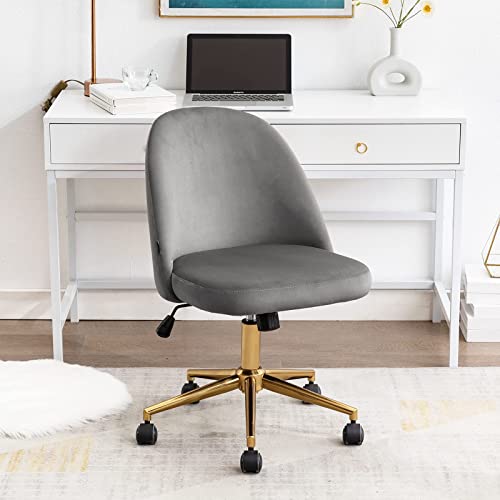 Duhome Cute Armless Home Office Chair，Swivel Desk Chair Velvet Upholstered Chair Rolling Computer Chair with Backrest Golden Base，Adjustable Vanity Chair with Wheels for Teens Adults，Grey