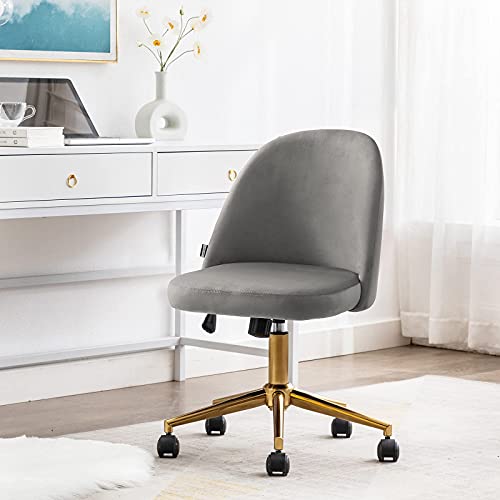 Duhome Cute Armless Home Office Chair，Swivel Desk Chair Velvet Upholstered Chair Rolling Computer Chair with Backrest Golden Base，Adjustable Vanity Chair with Wheels for Teens Adults，Grey