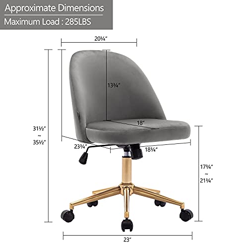 Duhome Cute Armless Home Office Chair，Swivel Desk Chair Velvet Upholstered Chair Rolling Computer Chair with Backrest Golden Base，Adjustable Vanity Chair with Wheels for Teens Adults，Grey